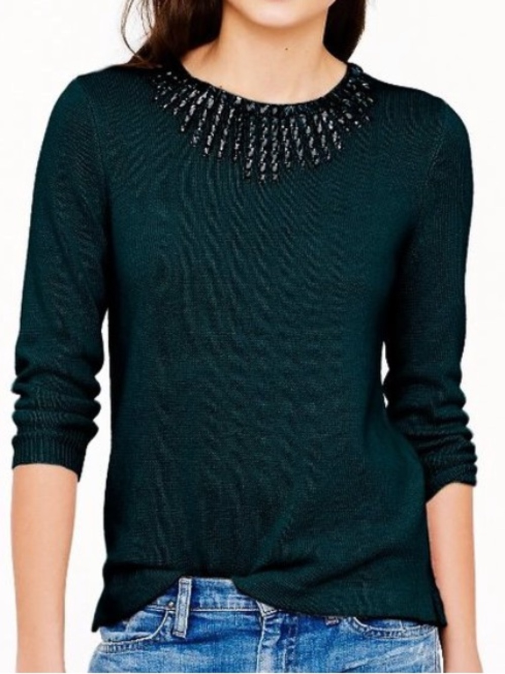 J.Crew Jeweled Bib Neck Starburst Green Navy Wool Rabbit Hair Sweater Back Zip L